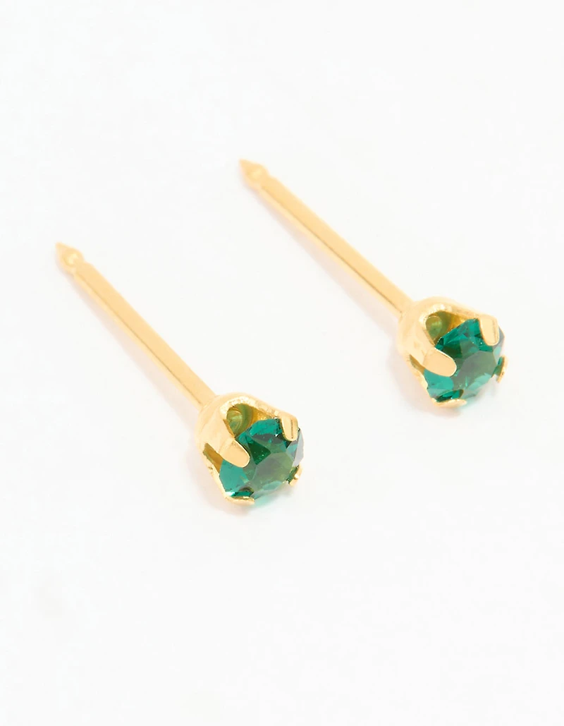 24KT Gold Plated Surgical Stainless Steel 3MM Emerald Cubic Zirconia Piercing Stud