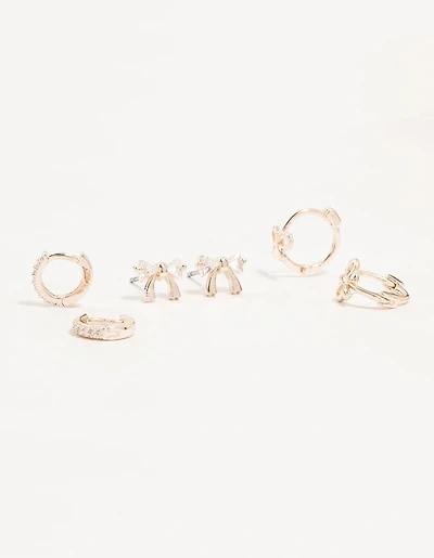 Rose Gold Cubic Zirconia Bow Stud & Hoop 3-Pack Earrings