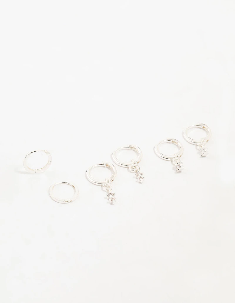 Silver Dainty Round Cubic Zirconia Hoop Earrings 3-Pack