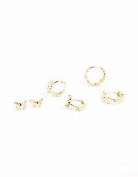 Gold Cubic Zirconia Butterfly Flower 3 Pack Earrings