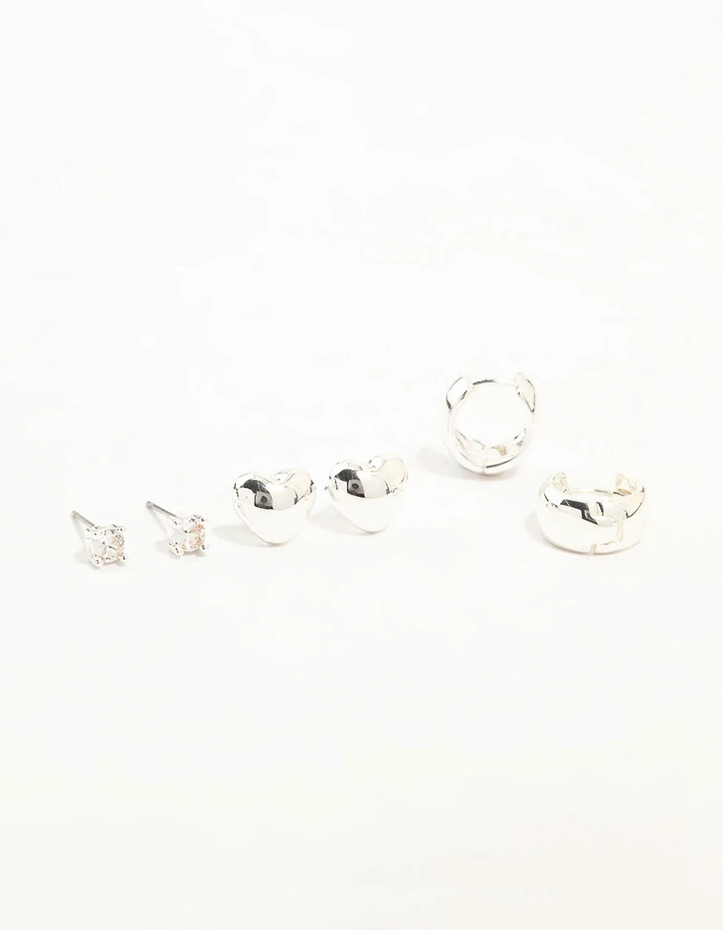 Silver Cubic Zirconia Chubby Heart Stud & Hoop Earrings 3-Pack