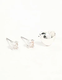 Silver Cubic Zirconia Chubby Heart Stud & Hoop Earrings 3-Pack
