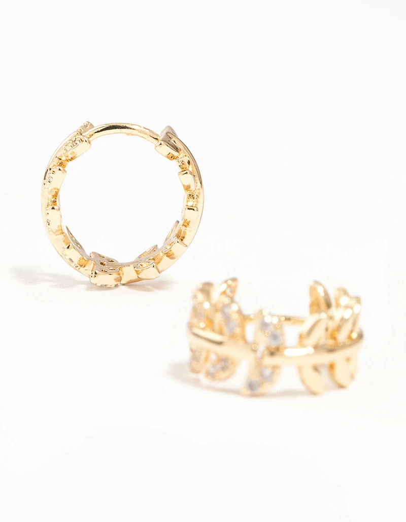 Gold Cubic Zirconia Leafy Huggie Earrings