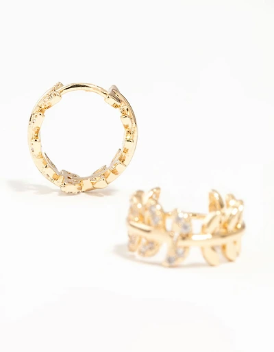 Gold Cubic Zirconia Leafy Huggie Earrings