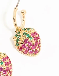 Gold Cubic Zirconia Strawberry Drop Huggie Earrings