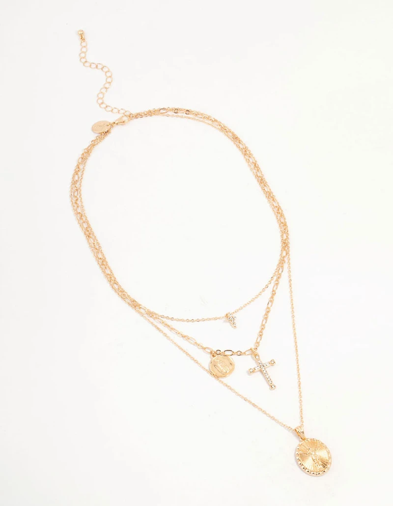 Gold Cross & Coin Layered Necklace