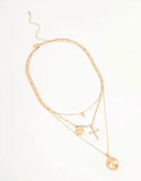 Gold Cross & Coin Layered Necklace
