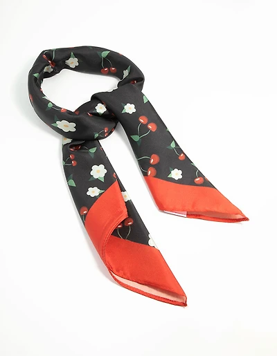 Foulard en tissu rouge et noir à fleurs de cerise