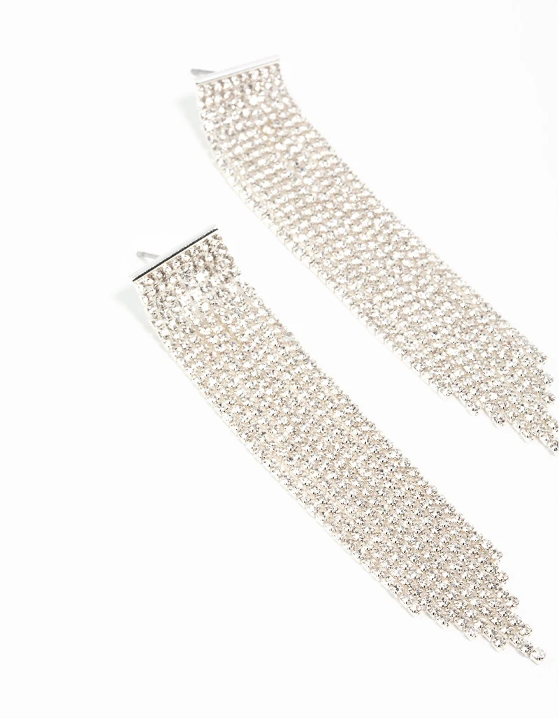Silver Plated Cupchain Diamante Fringe Stud Earrings