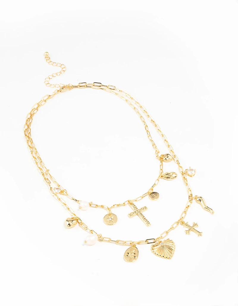 Gold Plated Freshwater Pearl, Cross & Heart Charm Necklace
