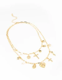 Gold Plated Freshwater Pearl, Cross & Heart Charm Necklace