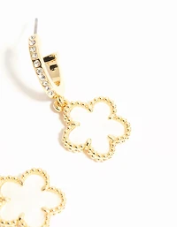 Gold Plated Flower Drop Diamante Hoop Earrings