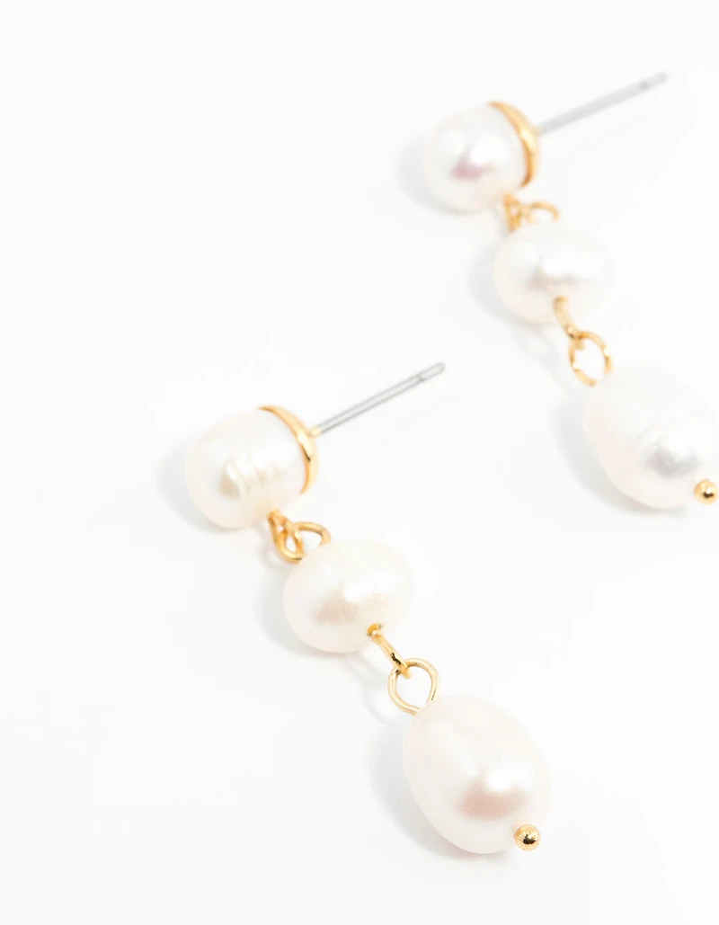 Gold Plated Freshwater Pearl Trio Drop Earrings