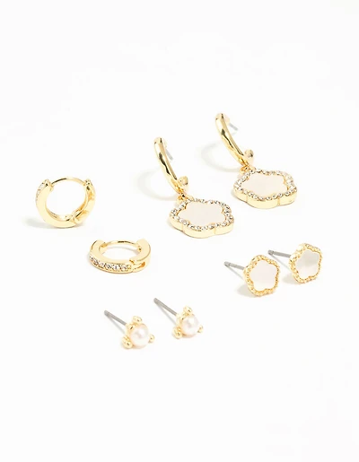 Gold Plated Flower Stud & Hoop Earrings 4-Pack