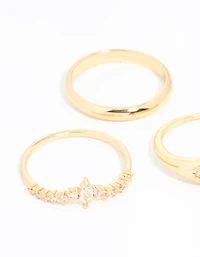 Gold Plated Cubic Zirconia Cluster & Plain Rings 3-Pack