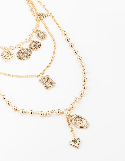 Gold Heart & Textured Charm Layered Necklace