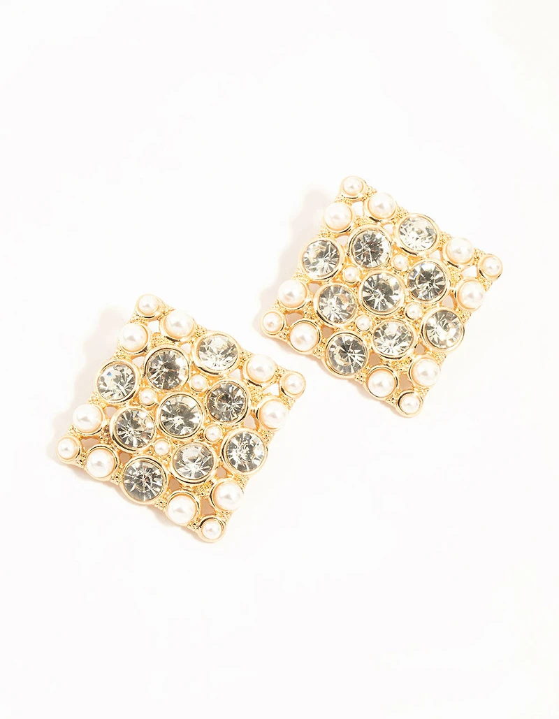 Gold Pearl & Diamante Square Stud Earrings