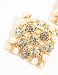 Gold Pearl & Diamante Square Stud Earrings
