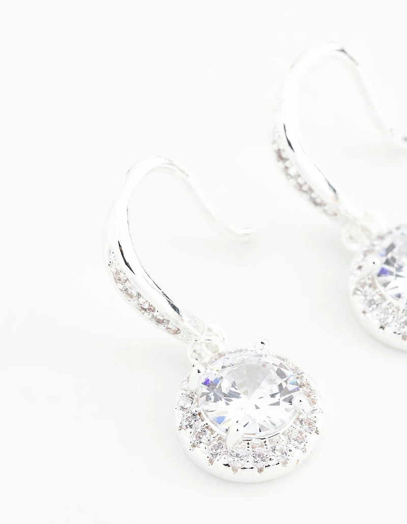 Boucles d'oreilles pendantes rondes en argent plaqué avec halo et zircone cubique