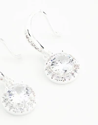 Silver Plated Round Halo Cubic Zirconia Drop Earrings