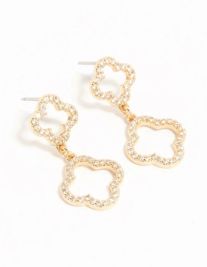Gold Cubic Zirconia Flower Drop Earrings