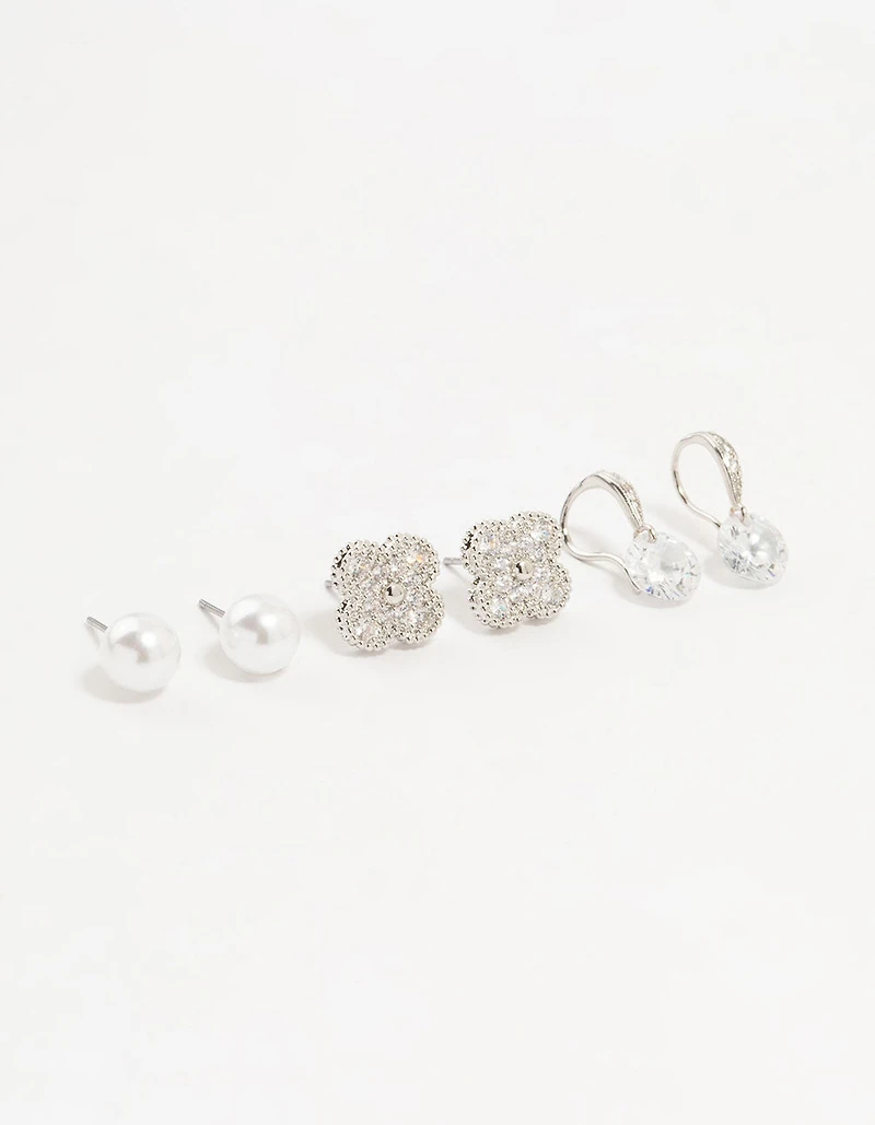 Silver Cubic Zirconia Flower & Pearl Earrings 3-Pack