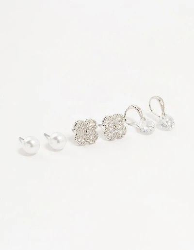 Silver Cubic Zirconia Flower & Pearl Earrings 3-Pack