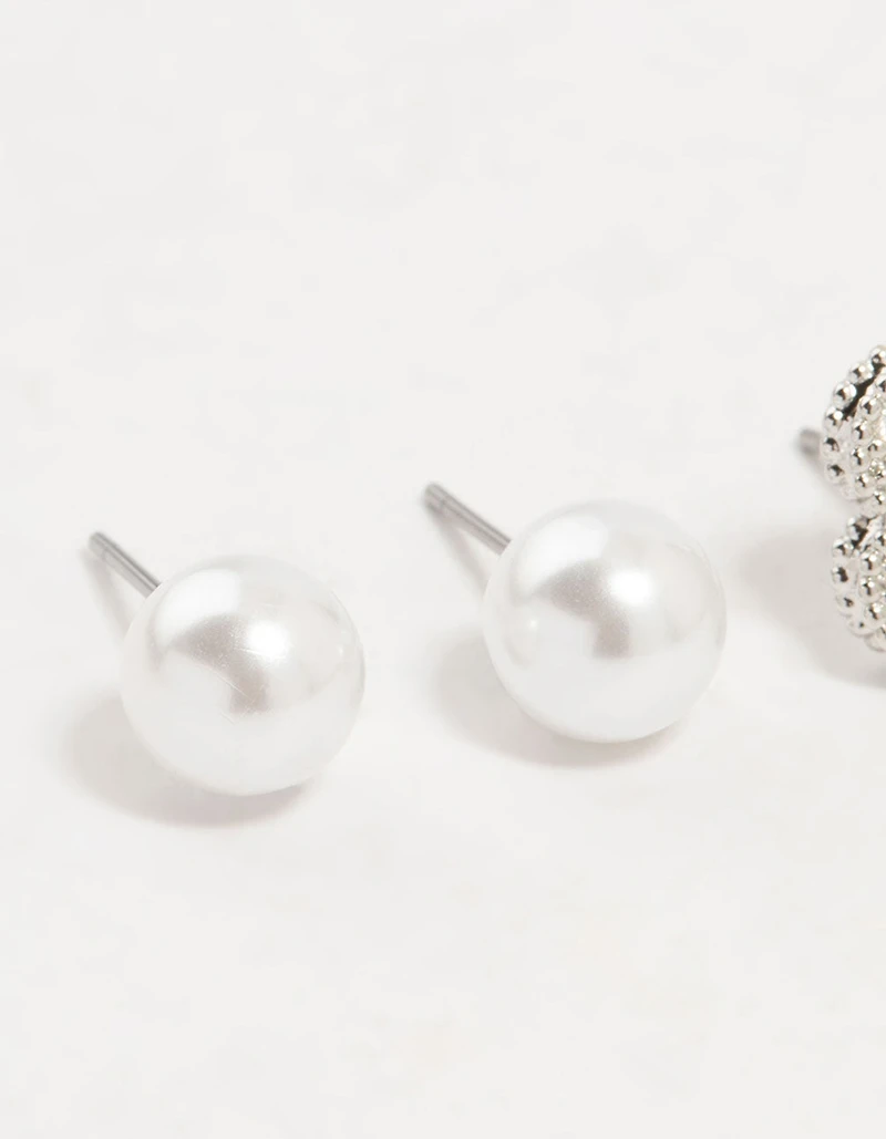 Silver Cubic Zirconia Flower & Pearl Earrings 3-Pack