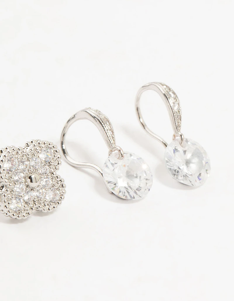 Silver Cubic Zirconia Flower & Pearl Earrings 3-Pack