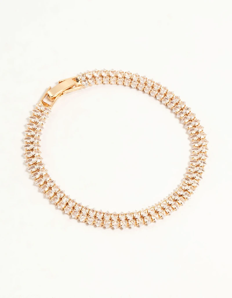 Gold Fine Marquise Cubic Zirconia Layered Tennis Bracelet
