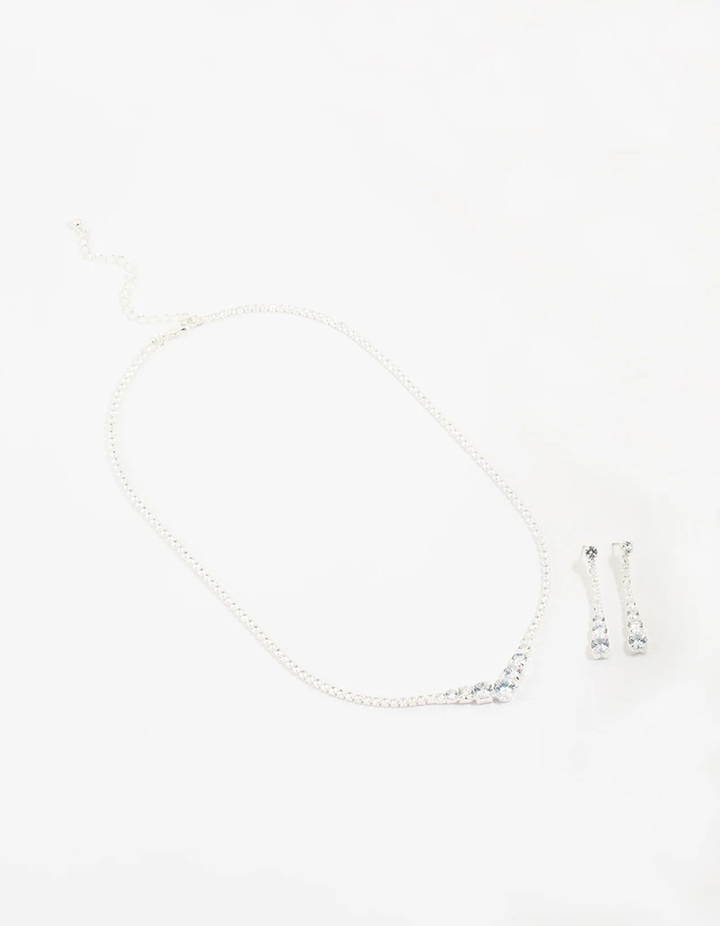 Silver Cubic Zirconia Pointed Earrings & Necklace Set
