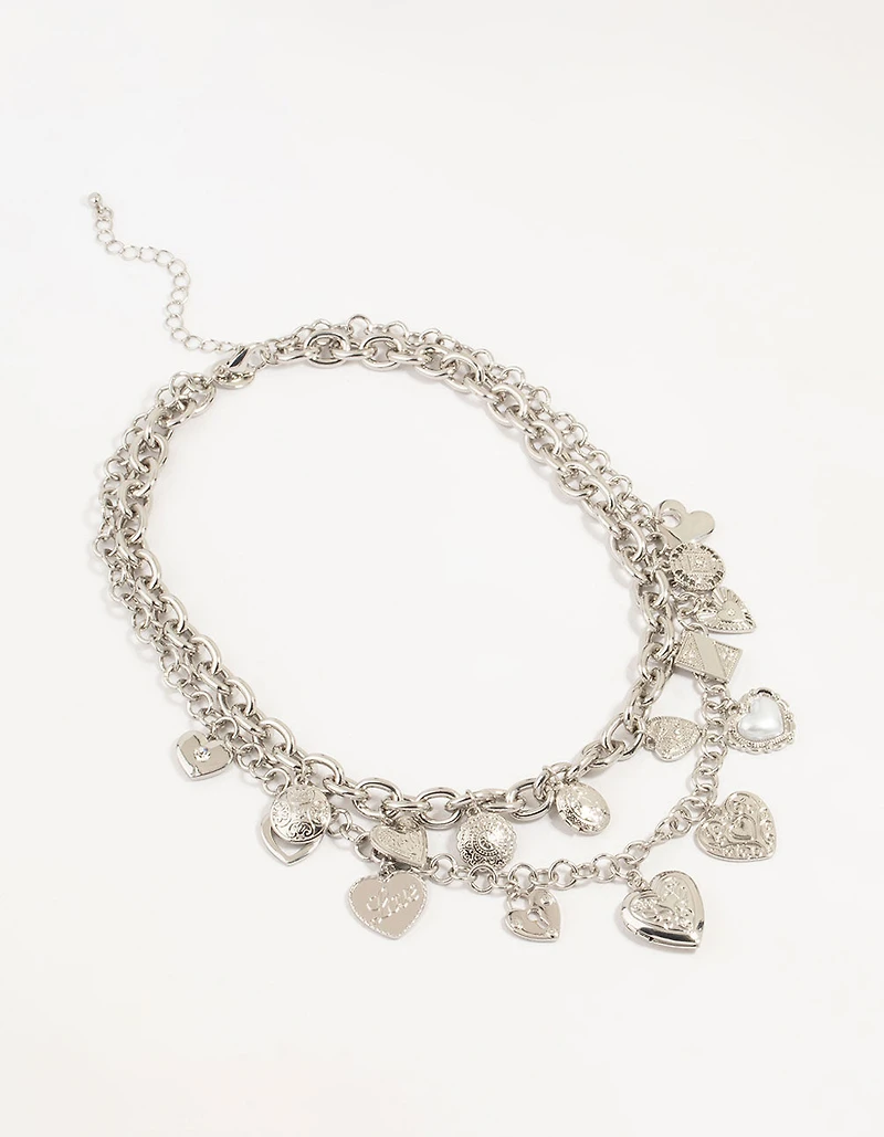 Silver Layered Heart Charm Necklace