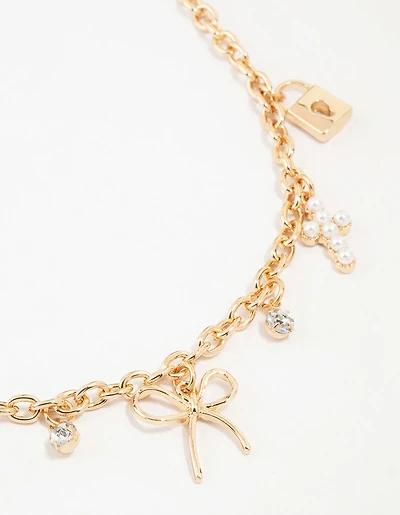 Gold Bow & Cross Charm Necklace