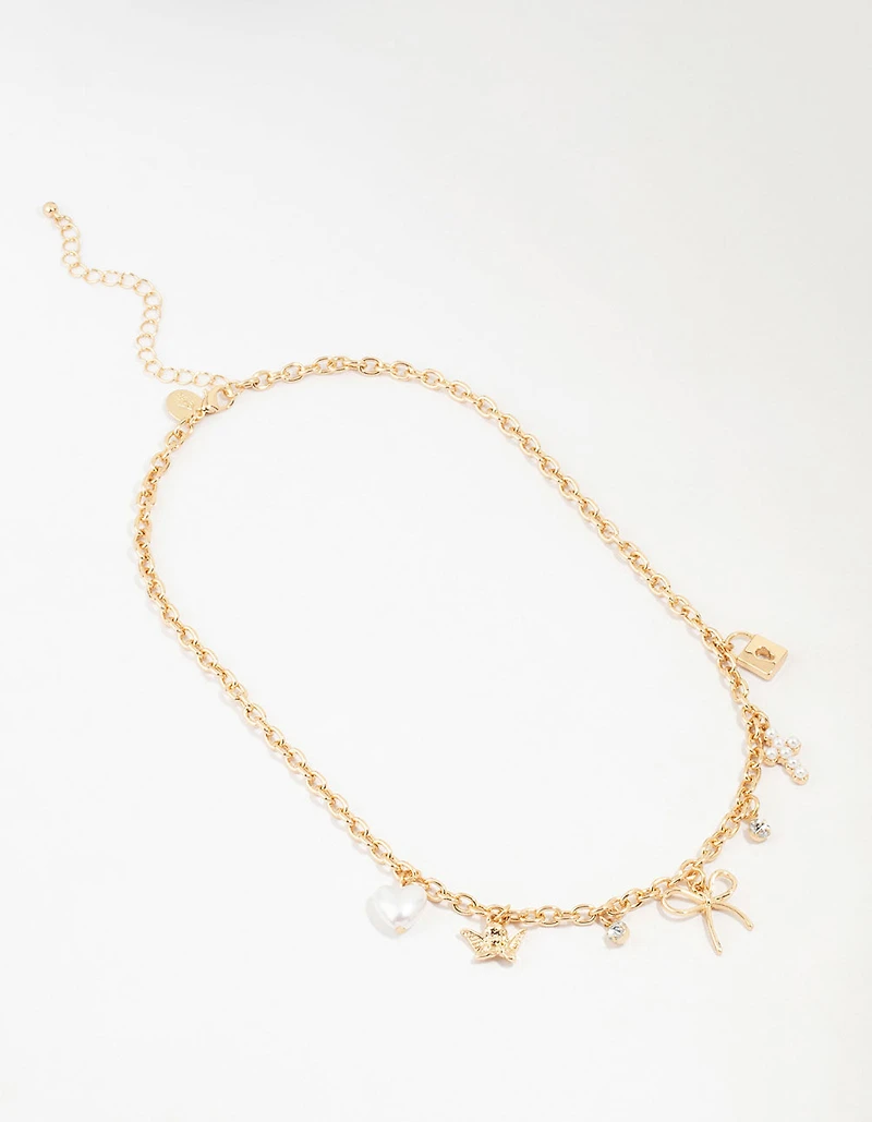 Gold Bow & Cross Charm Necklace