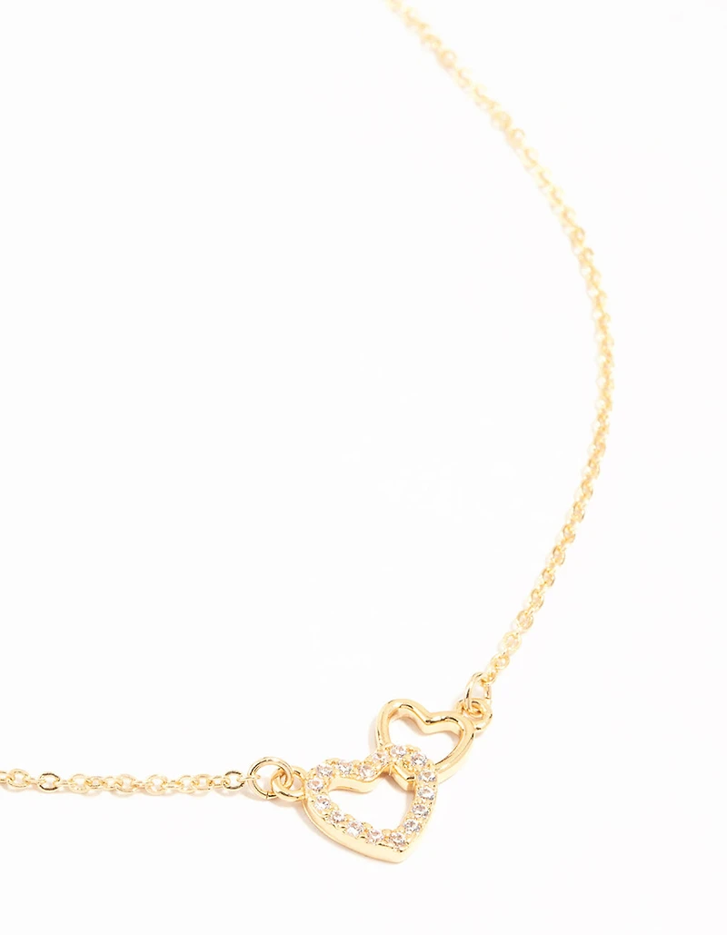 Gold Cubic Zirconia Open Double Heart Necklace