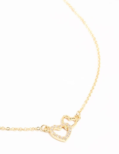 Gold Cubic Zirconia Open Double Heart Necklace