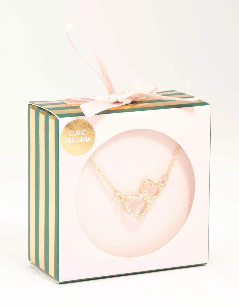 Gold Cubic Zirconia Open Double Heart Necklace