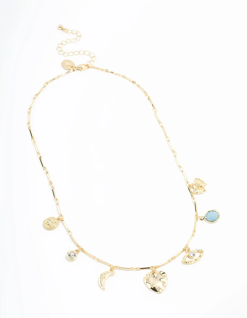 Gold Plated Heart & Moon Charm Necklace