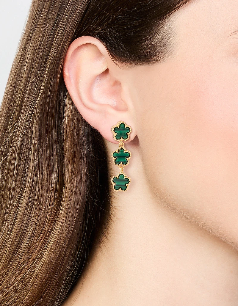 Gold Plated Emerald Flower Trio Drop Earrings