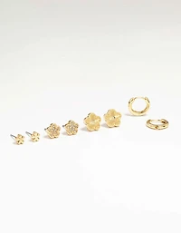 Gold Plated Brass Mini Flower Earrings 4-Pack