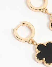 Gold Black Flower Drop Huggie Earrings