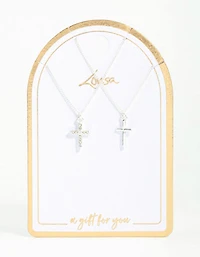Silver Plain & Diamante Cross Pendant Necklaces 2-Pack