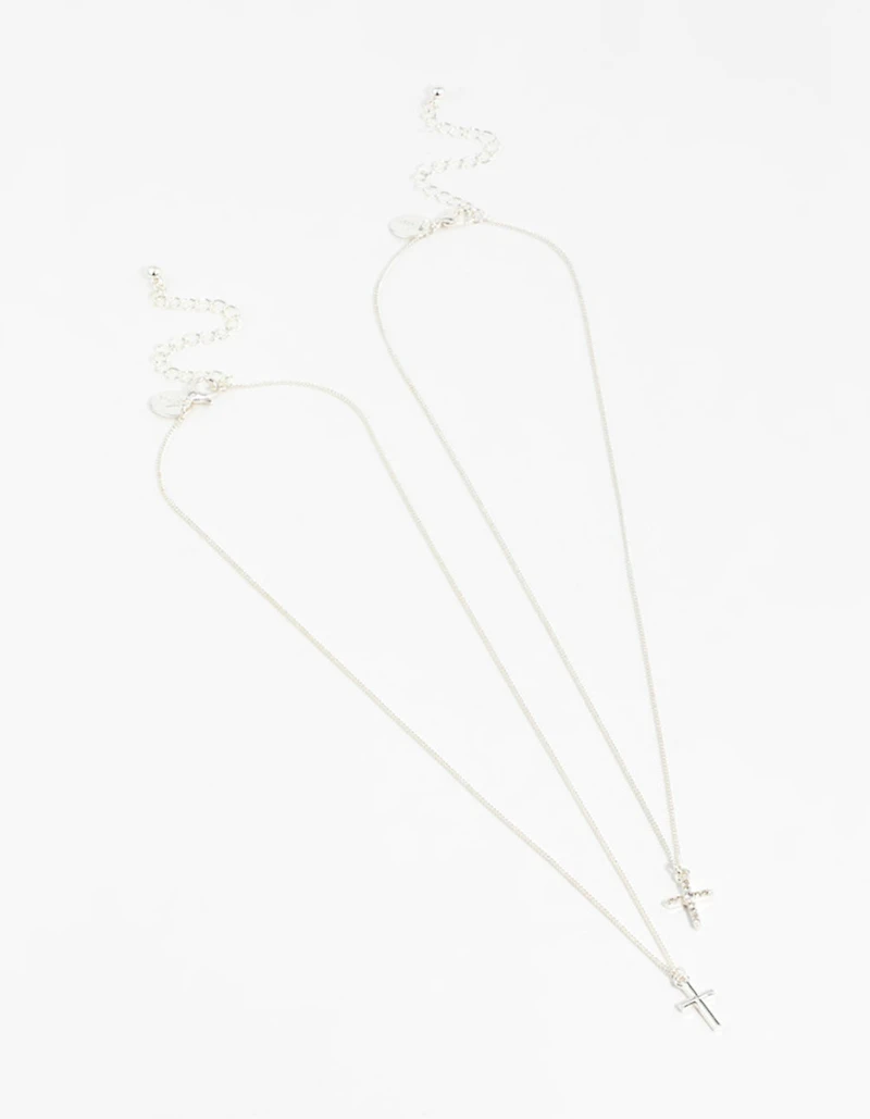 Silver Plain & Diamante Cross Pendant Necklaces 2-Pack