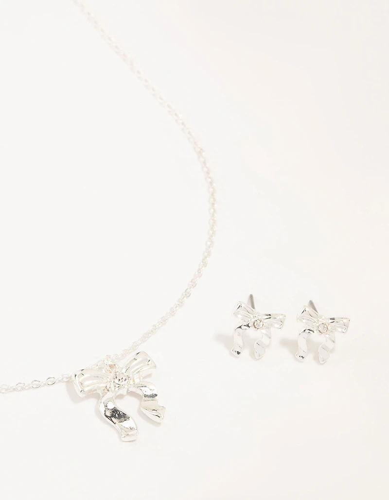 Silver Bow Necklace and Earrings Set