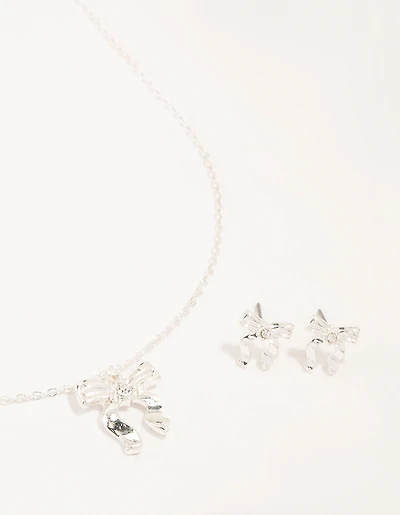 Silver Bow Necklace and Earrings Set