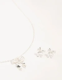 Silver Bow Necklace and Earrings Set
