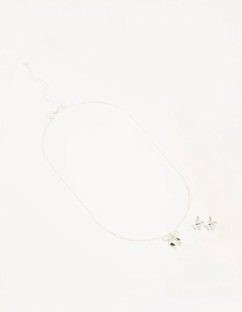 Silver Bow Necklace and Earrings Set