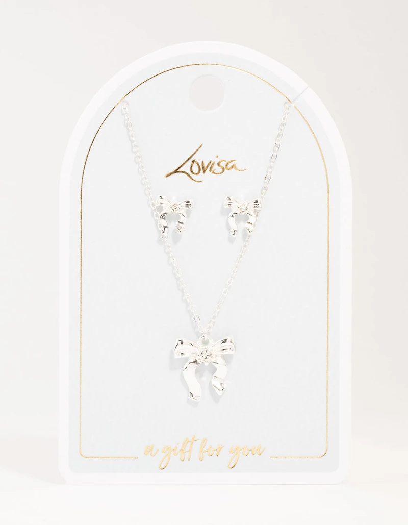 Silver Bow Necklace and Earrings Set