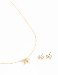 Gold Bow Diamante Necklace & Earrings Set