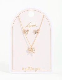 Gold Bow Diamante Necklace & Earrings Set